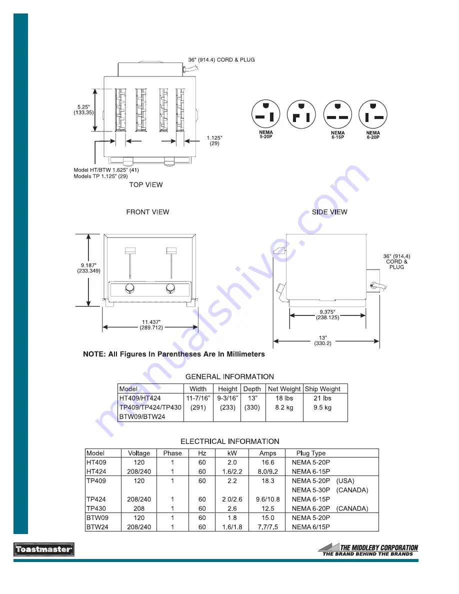 Toastmaster BTW09 Specifications Download Page 2