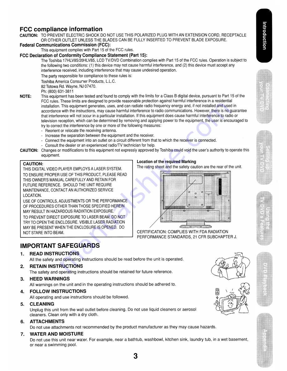 Toshiba 17HLV85 Скачать руководство пользователя страница 3