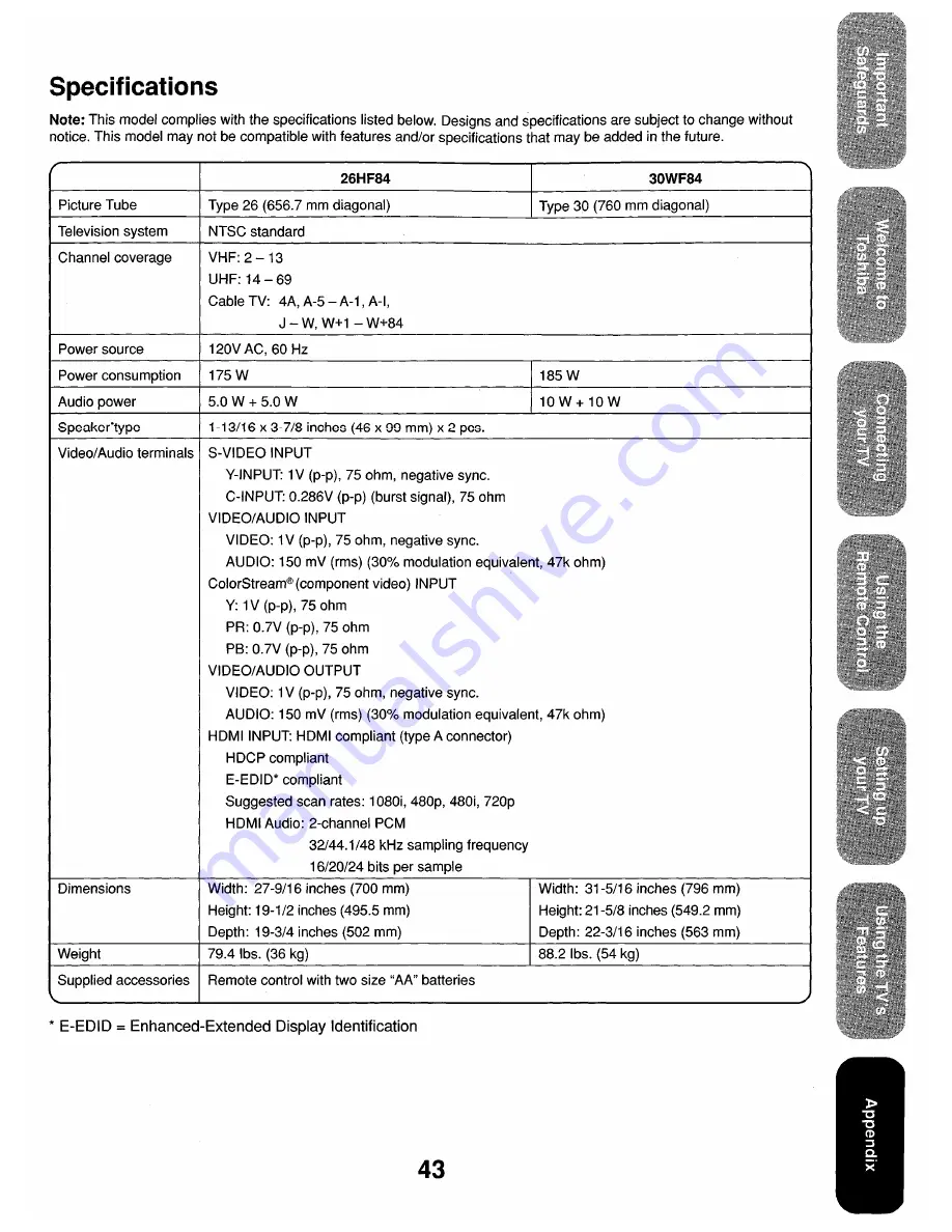 Toshiba 26HF84 Owner'S Manual Download Page 43