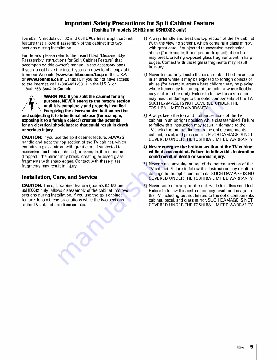 Toshiba 42H82 Owner'S Manual Download Page 5