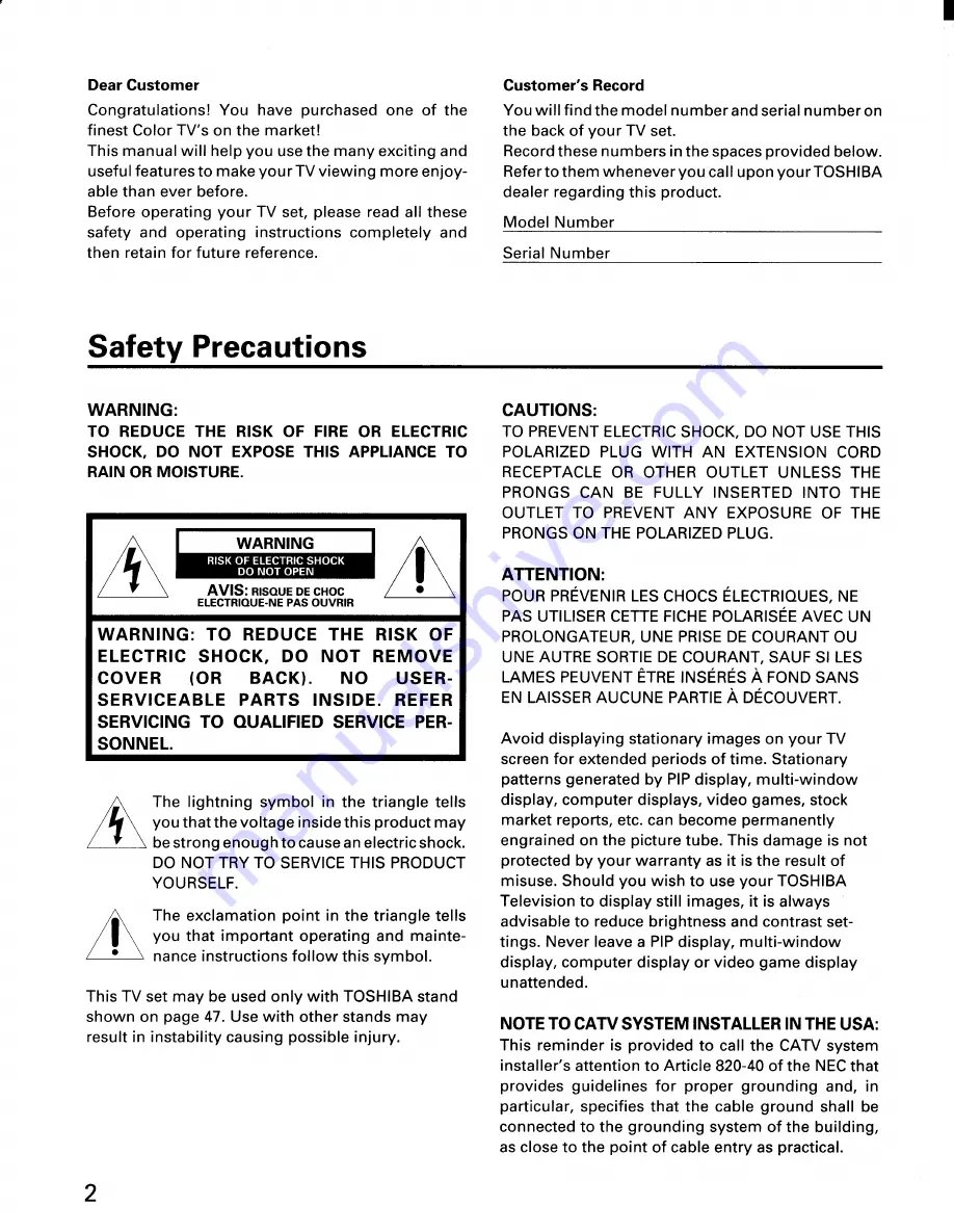 Toshiba CN32H95 Owner'S Manual Download Page 2