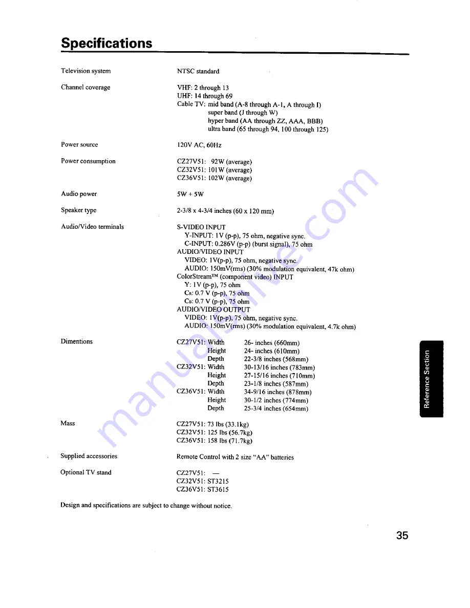 Toshiba ColorStream CZ27V51 Owner'S Manual Download Page 35