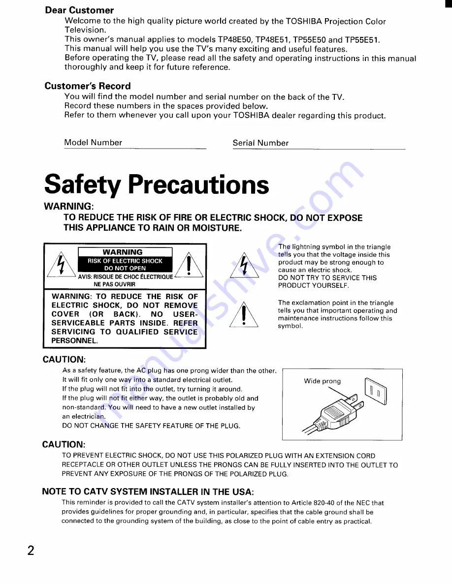 Toshiba TP48E50 Owner'S Manual Download Page 2