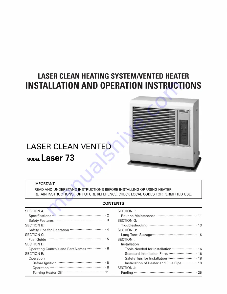 Toyotomi Laser 73 Installation And Operation Instructions Manual Download Page 1