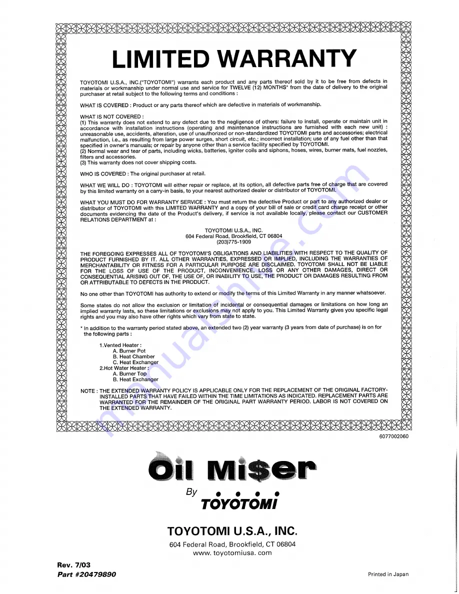 Toyotomi Oil Miser OM-22 Installation And Operation Instructions Manual Download Page 31