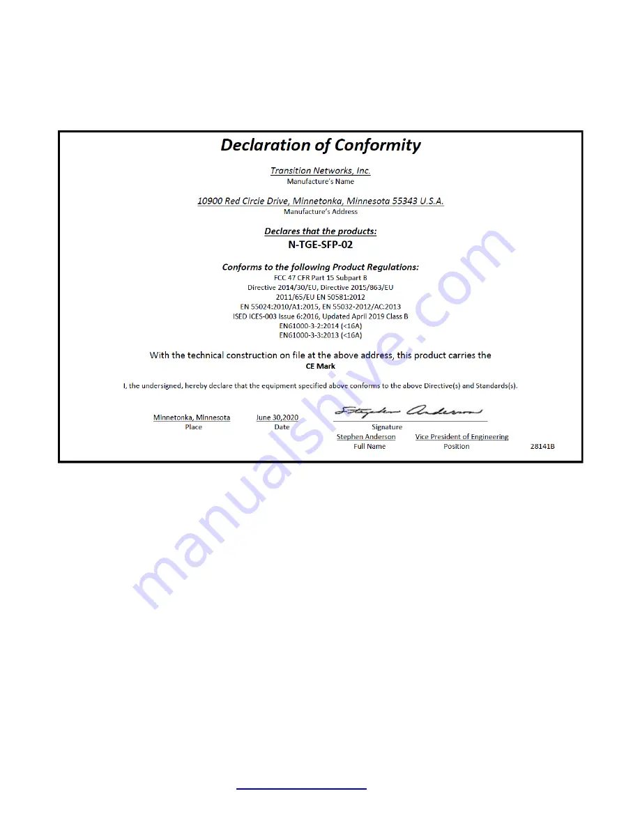 Transition Networks N-TGE-SFP-02 Скачать руководство пользователя страница 20