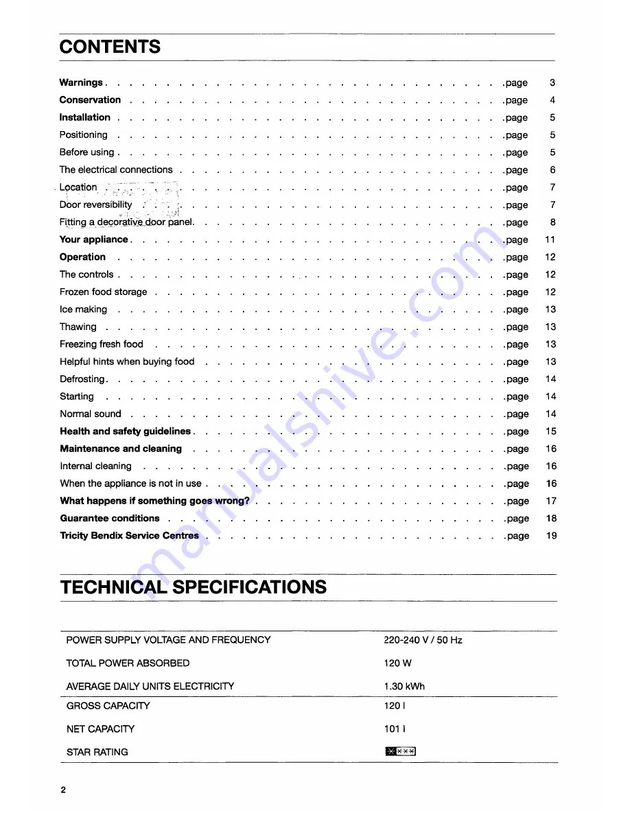 Tricity Bendix BF422W Operating And Installation Manual Download Page 2