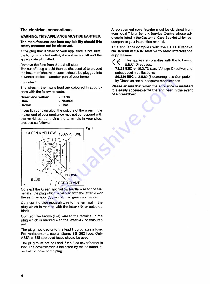 Tricity Bendix BF422W Operating And Installation Manual Download Page 6