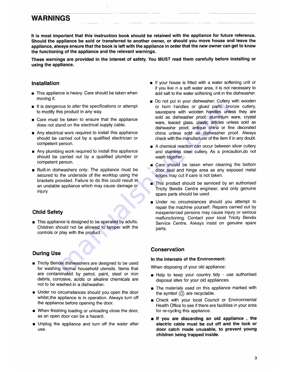 Tricity Bendix CDW 086 Operating And Installation Instructions Download Page 3