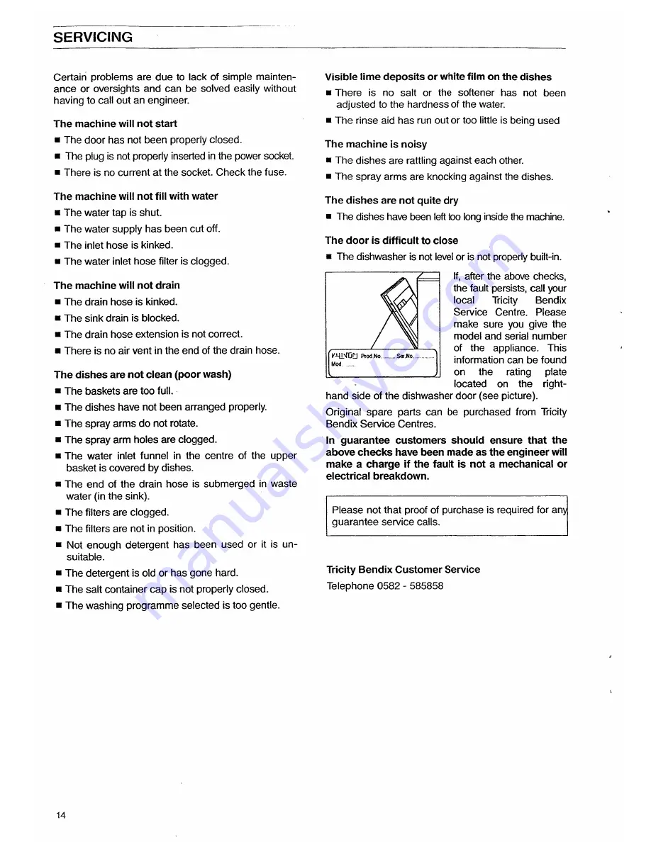 Tricity Bendix DH 100 Operating And Installation Instructions Download Page 14