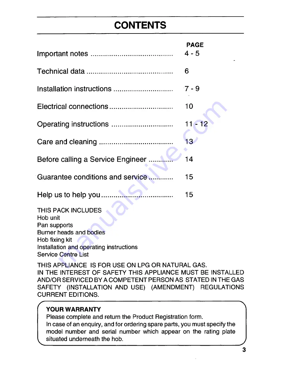 Tricity Bendix HG210 Operating And Installation Instructions Download Page 3