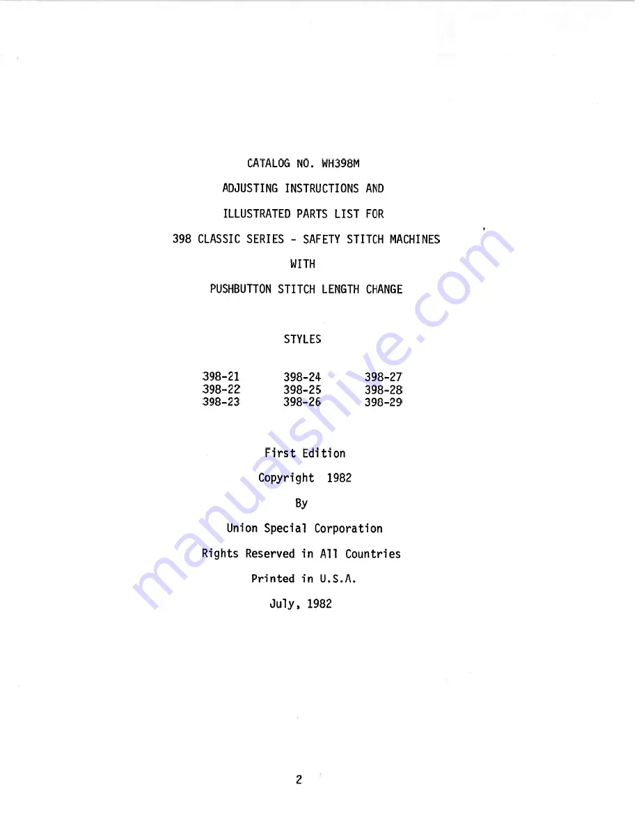 UnionSpecial 398 Classic Series Adjusting Instructions And Illustrated Parts List Download Page 2