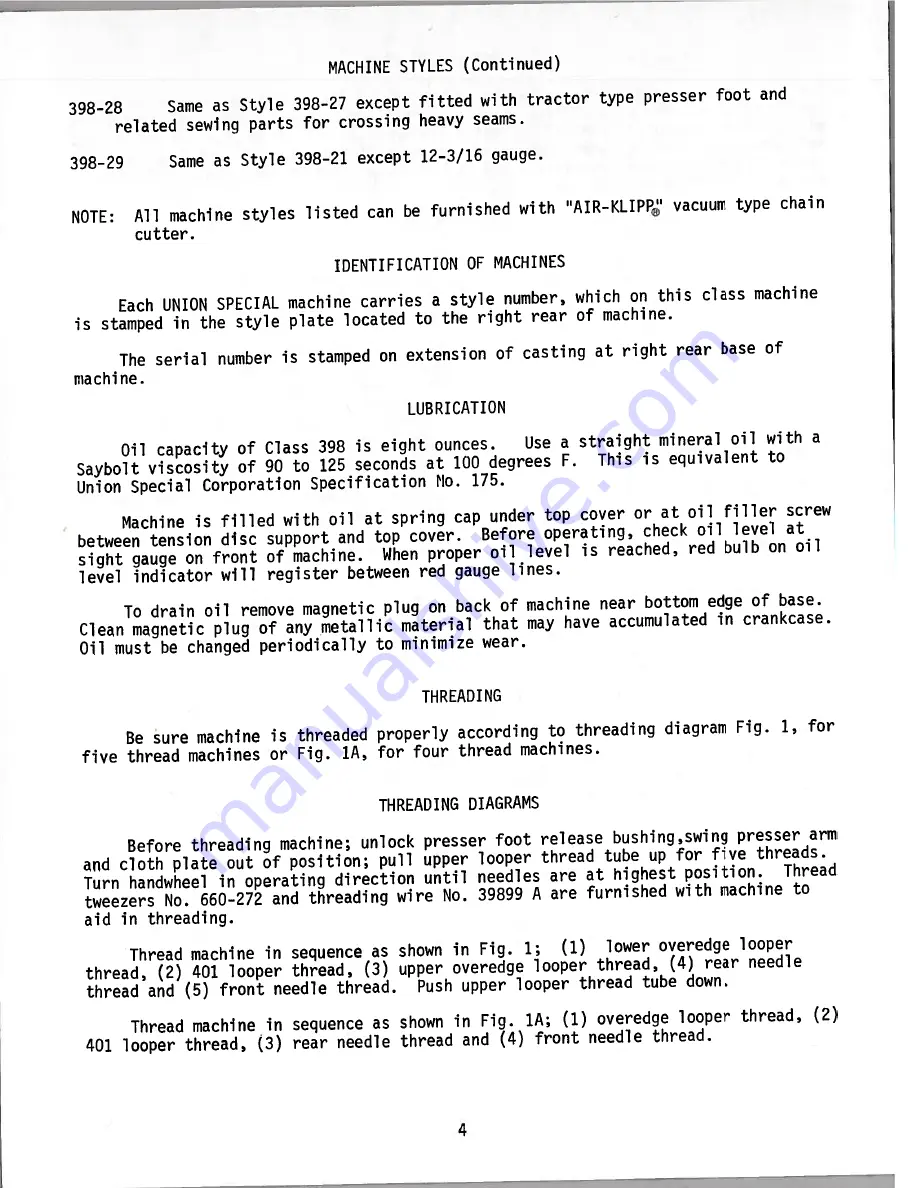 UnionSpecial 398 Classic Series Adjusting Instructions And Illustrated Parts List Download Page 4