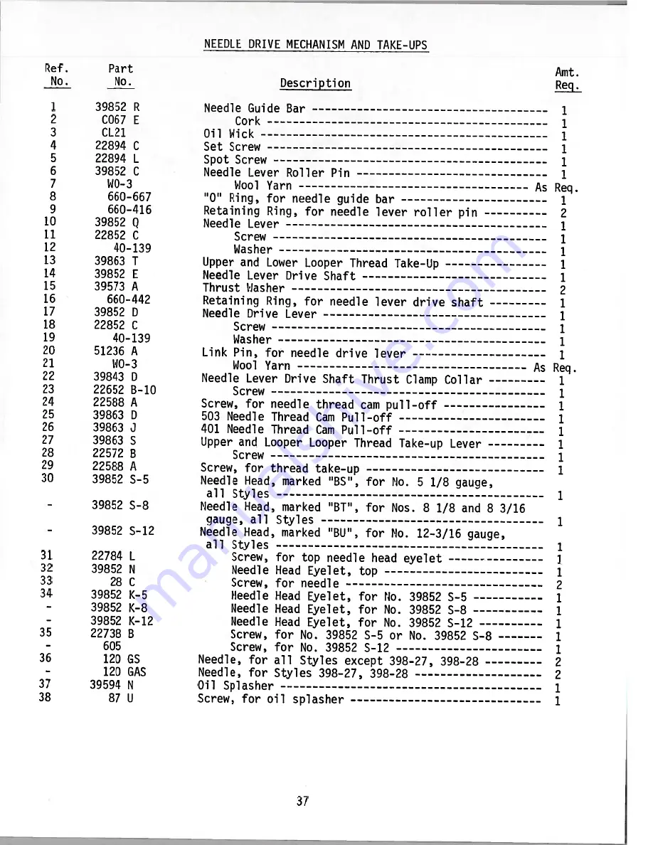 UnionSpecial 398 Classic Series Adjusting Instructions And Illustrated Parts List Download Page 37