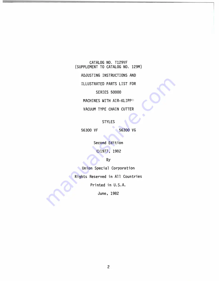 UnionSpecial 50000 Series Adjusting Instructions And Illustrated Parts List Download Page 2