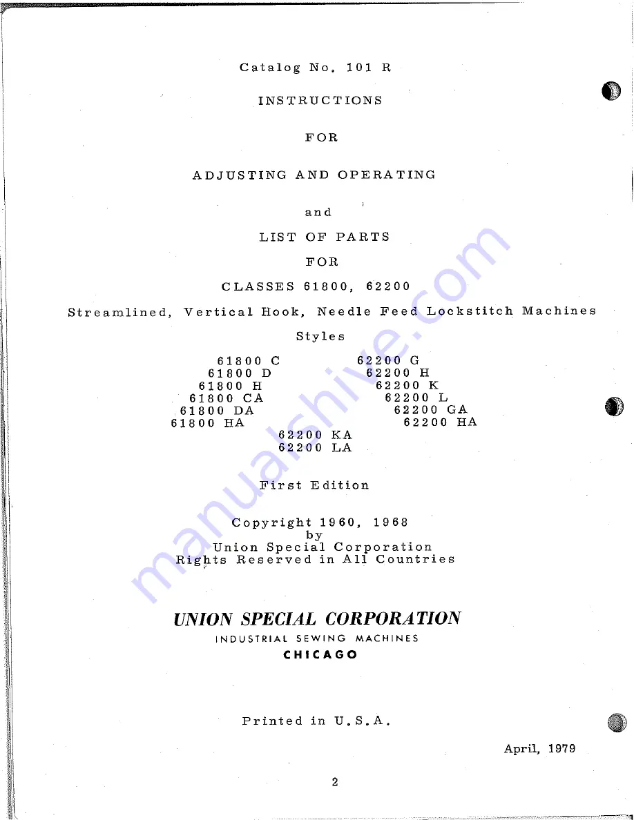 UnionSpecial 61800C Instructions And Operating Manual Download Page 2