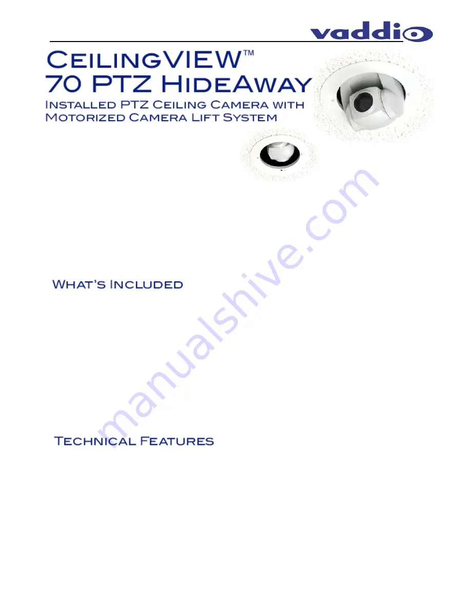 VADDIO CeilingVIEW 70 PTZ HideAway Скачать руководство пользователя страница 1