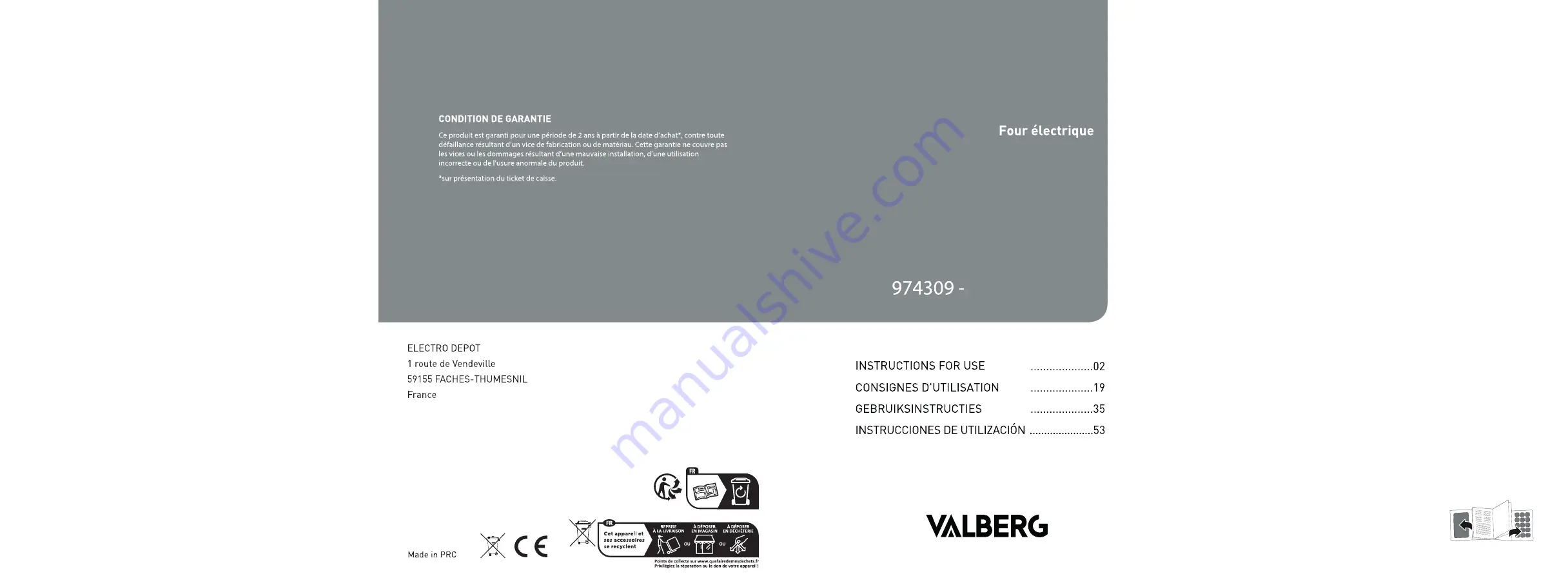 VALBERG 974309 Instructions For Use Manual Download Page 1