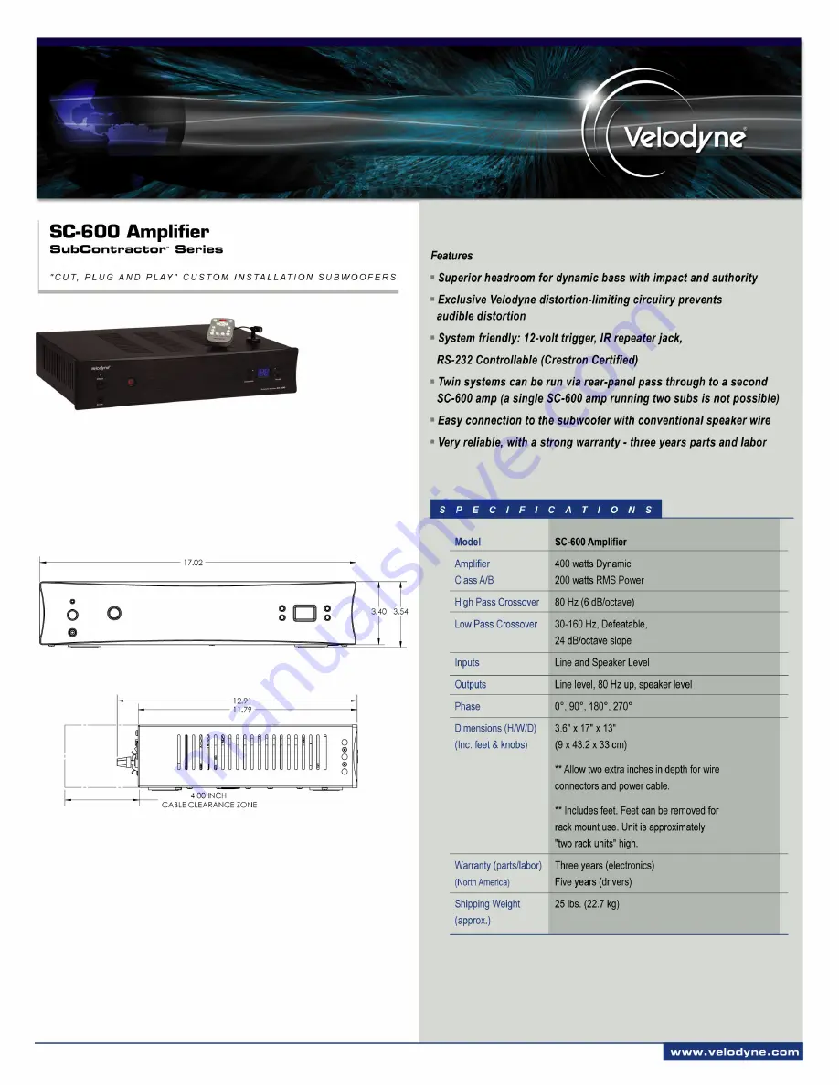 Velodyne SUBCONTRACTOR SC-600 Amplifier Скачать руководство пользователя страница 1