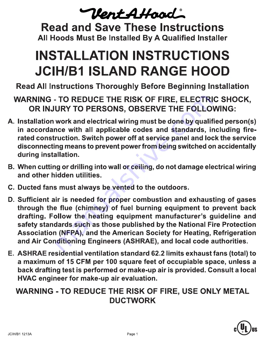 VentAHood JCIH/B1 Island Installation Instructions Manual Download Page 1