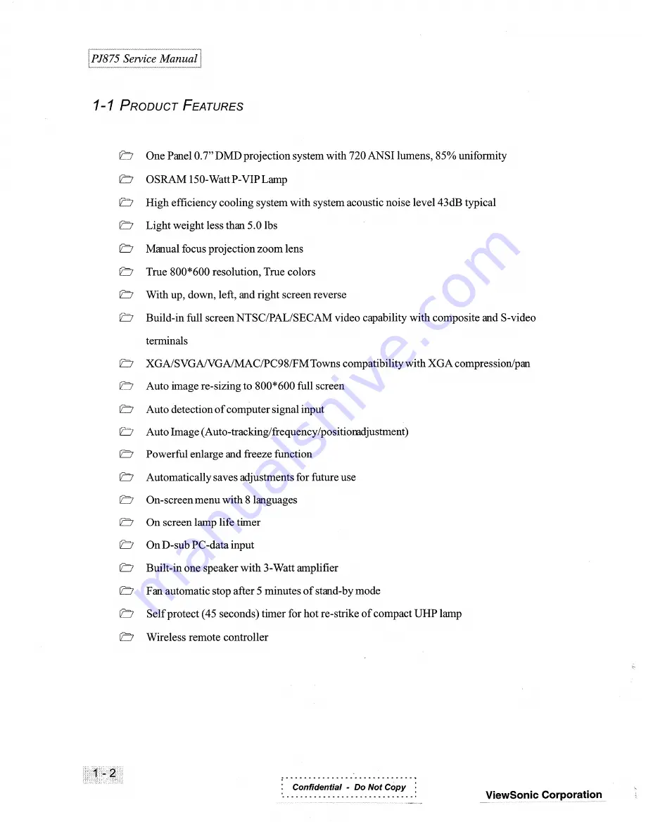 ViewSonic LITE BIRD PJ875 VPROJ22277-1W Service Manual Download Page 6