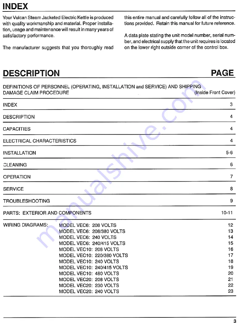 Vulcan-Hart VEC10 Installation, Operating, Service And Parts Manual Download Page 3