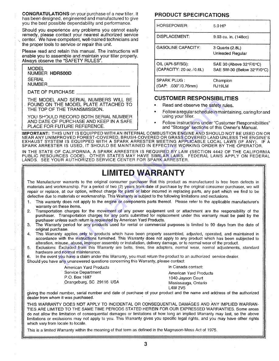 Weed Eater VIP HDR500D Owner'S Manual Download Page 3