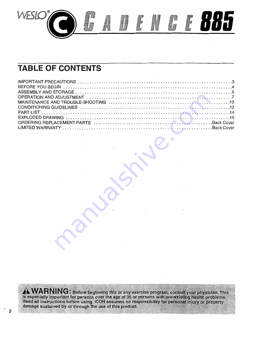 Weslo Cadence 885 Скачать руководство пользователя страница 2