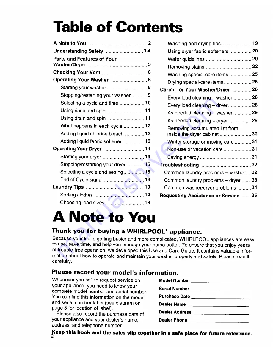 Whirlpool 3396315 Use And Care Manual Download Page 2