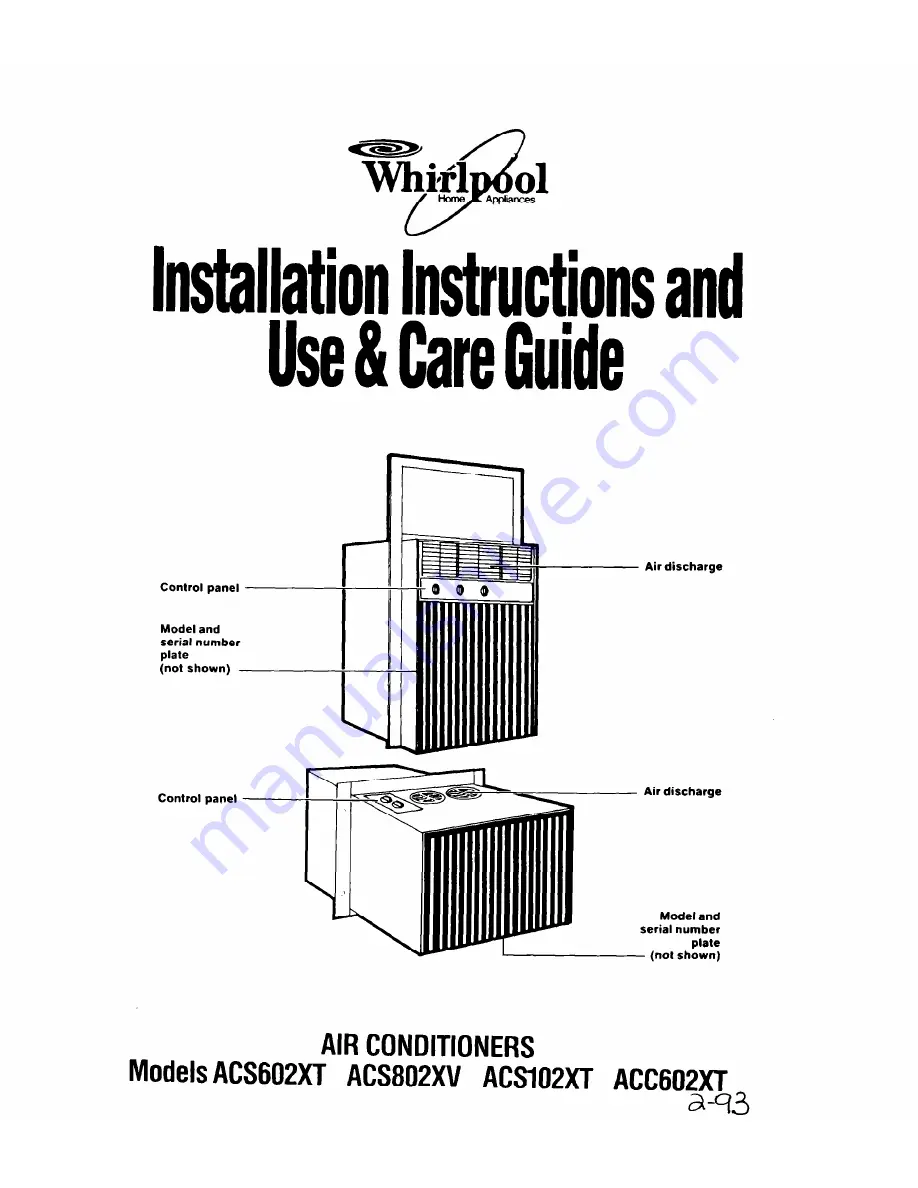 Whirlpool ACC602XT Installation Instructions Manual Download Page 1