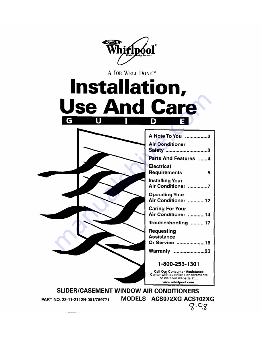 Whirlpool ACS072XG Installation, Use And Care Manual Download Page 1