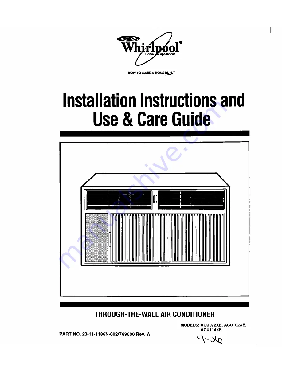 Whirlpool ACU072XE Installation Instructions And Use & Care Manual Download Page 1