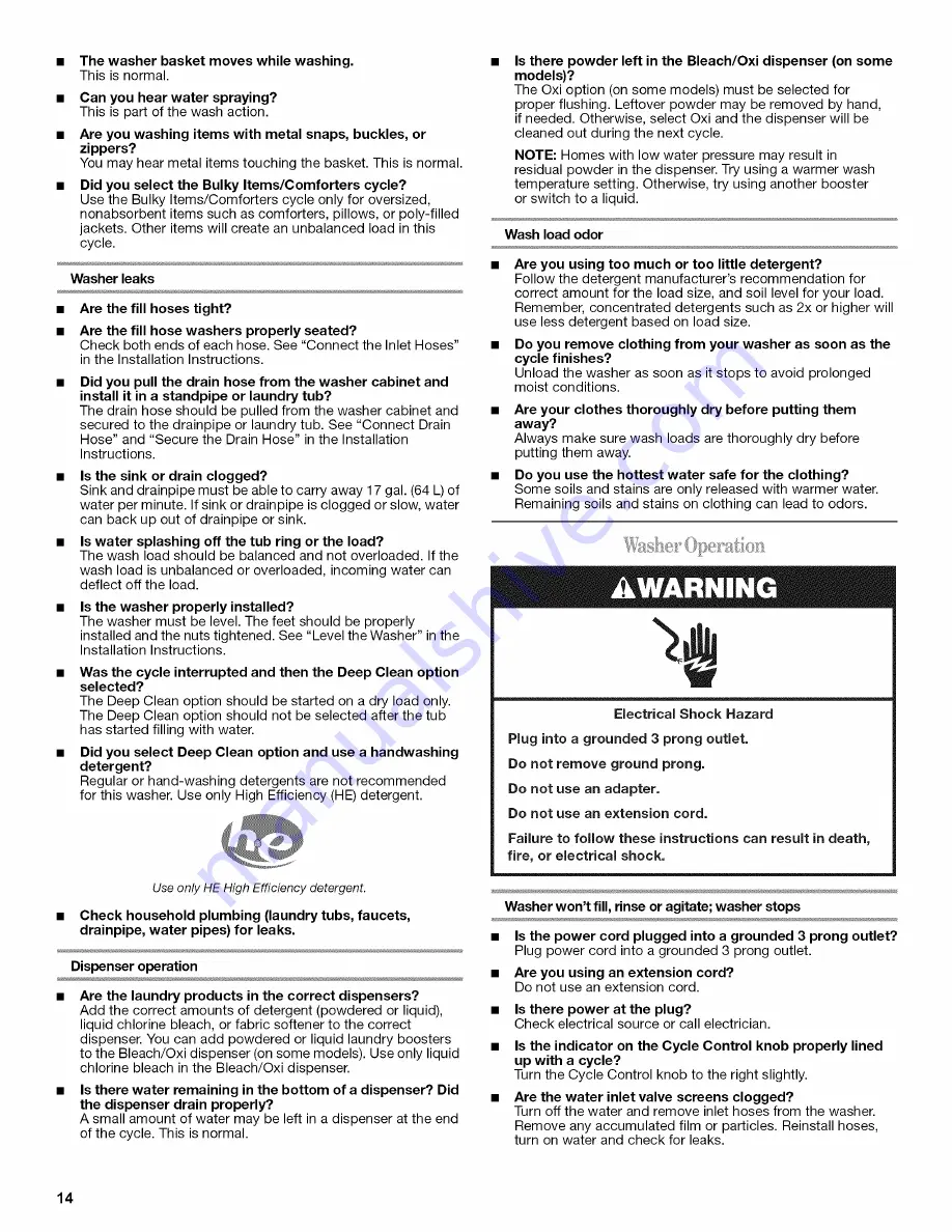 Whirlpool CABRIO WTW6300WW0 Use & Care Manual Download Page 14