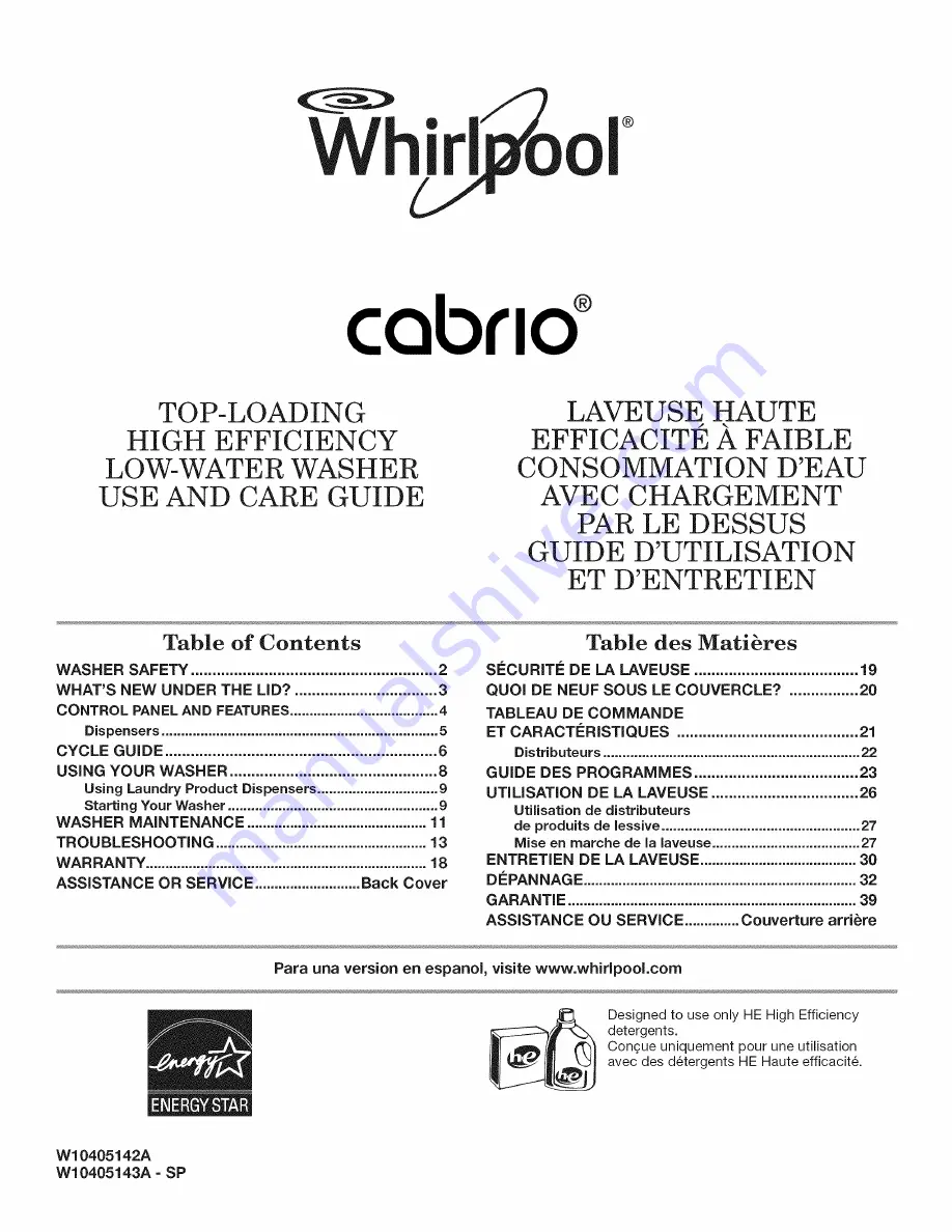 Whirlpool Cabrio WTW8200YW0 Use And Care Manual Download Page 41