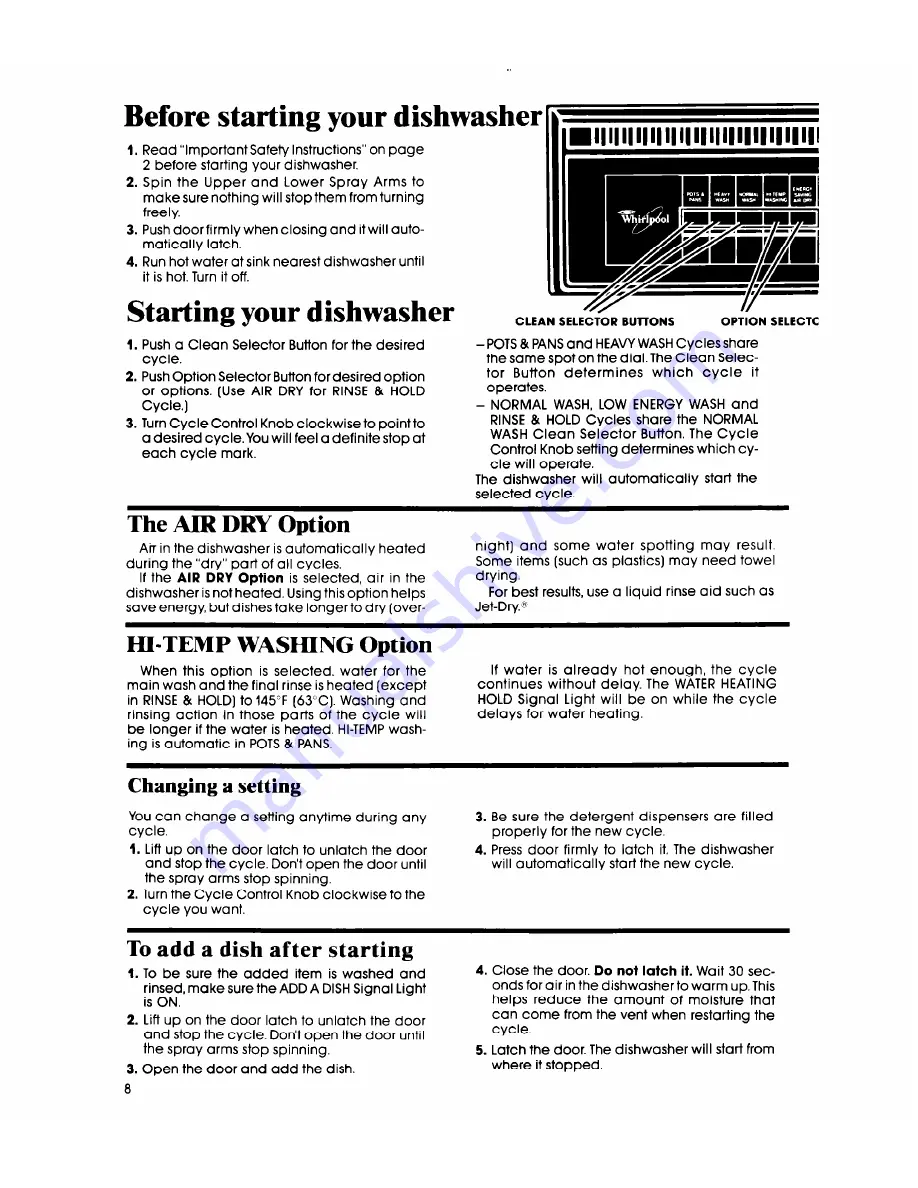 Whirlpool DU9000XR Series Use & Care Manual Download Page 8