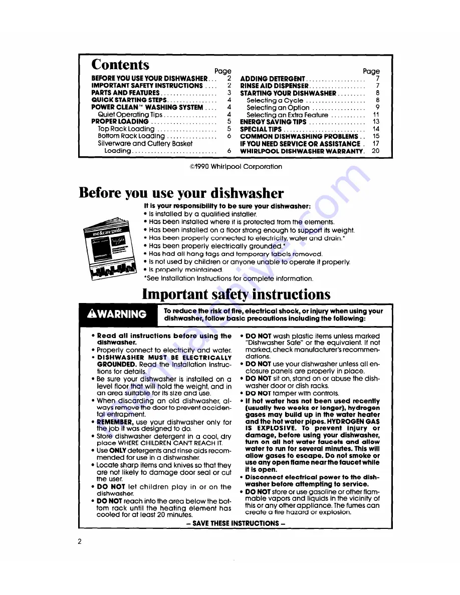 Whirlpool DU9450XT Use & Care Manual Download Page 2