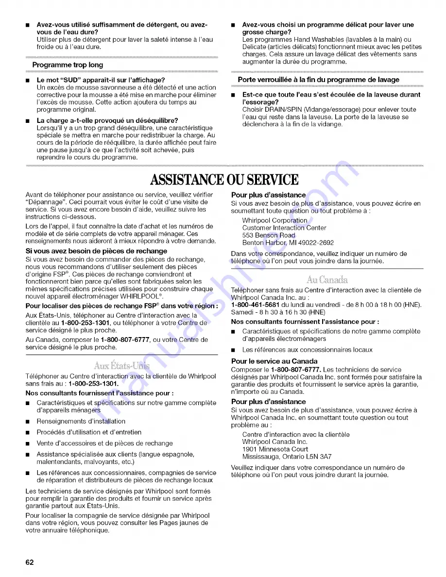 Whirlpool Duet GHW9150PW0 Use & Care Manual Download Page 62