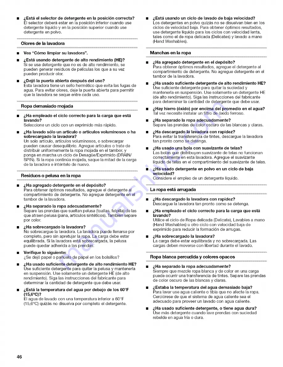 Whirlpool Duet WFW9200SQ00 Use & Care Manual Download Page 46