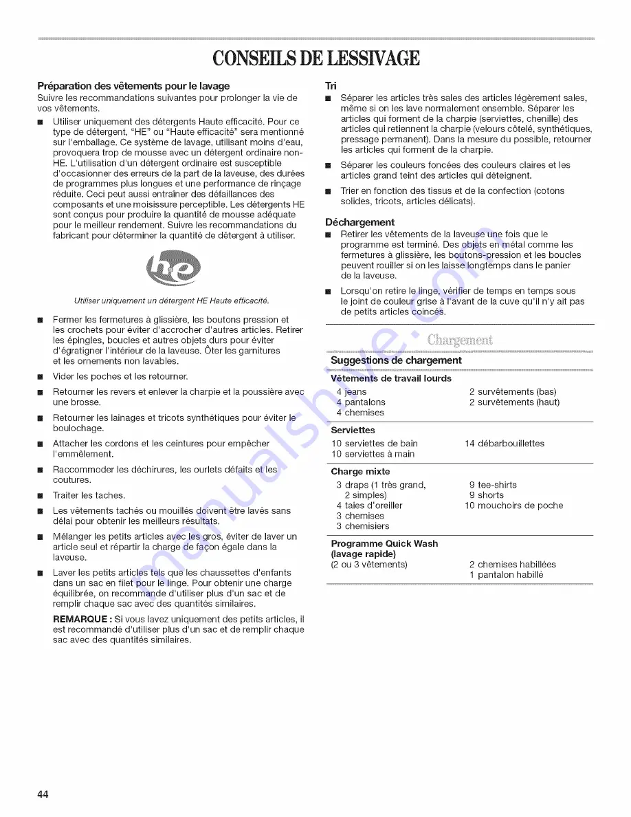 Whirlpool Duet WFW9400SB02 Use & Care Manual Download Page 44