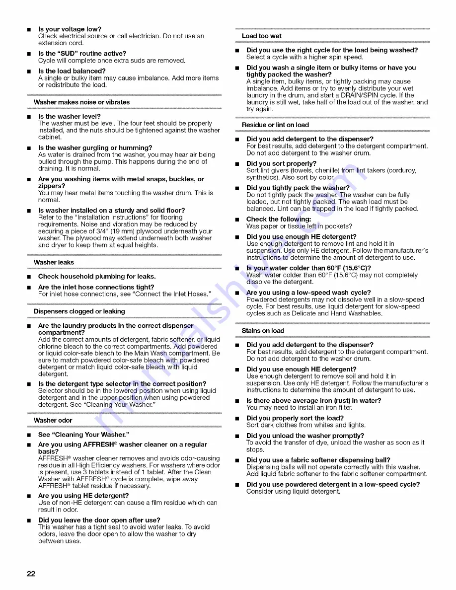 Whirlpool duet WFW9451XW00 Use & Care Manual Download Page 22