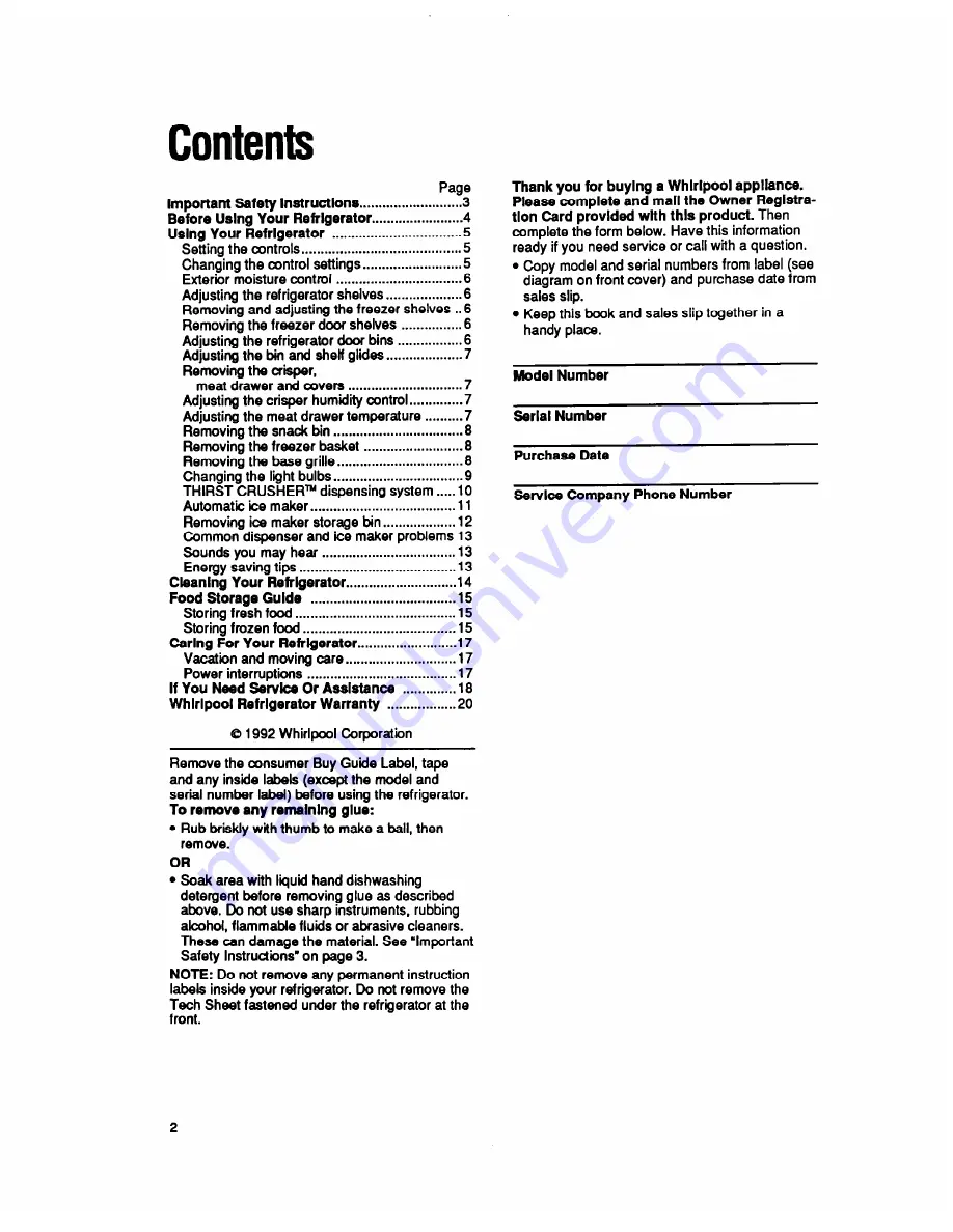 Whirlpool ED22PQ Use & Care Manual Download Page 2