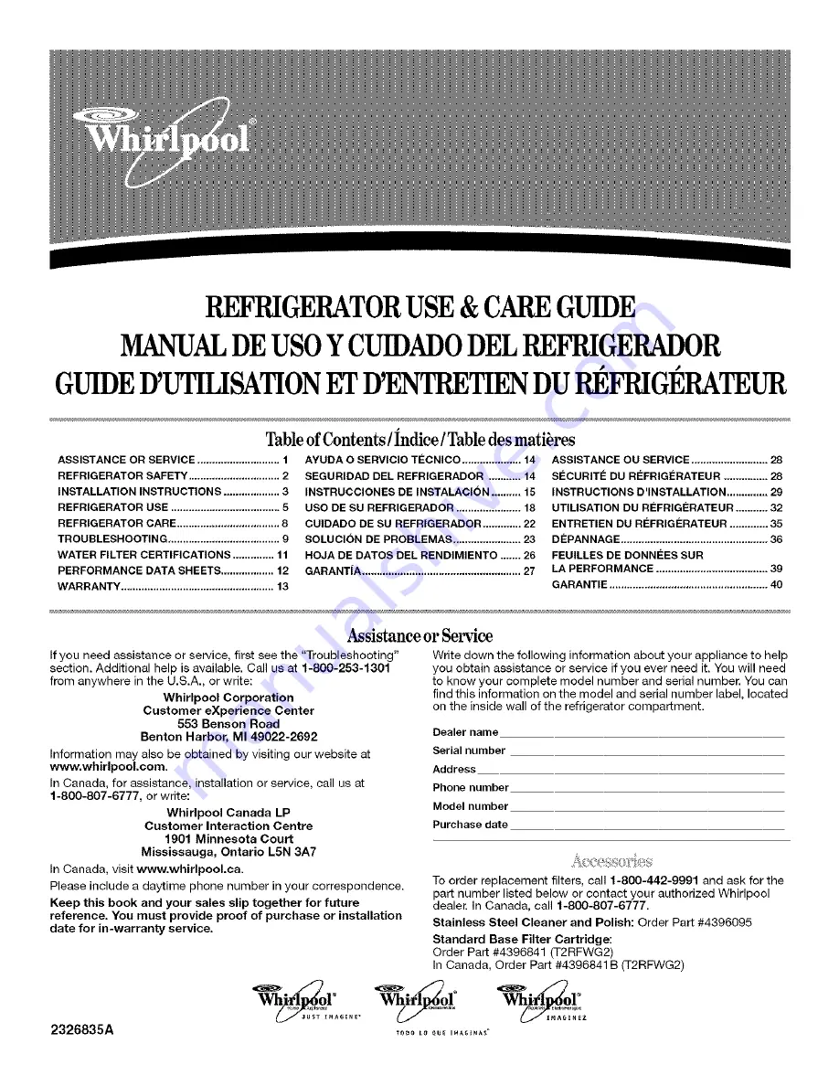 Whirlpool ED5LTAXVB01 Use & Care Manual Download Page 1