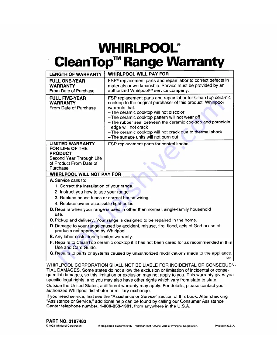 Whirlpool F396PXYN5 Use And Care Manual Download Page 44