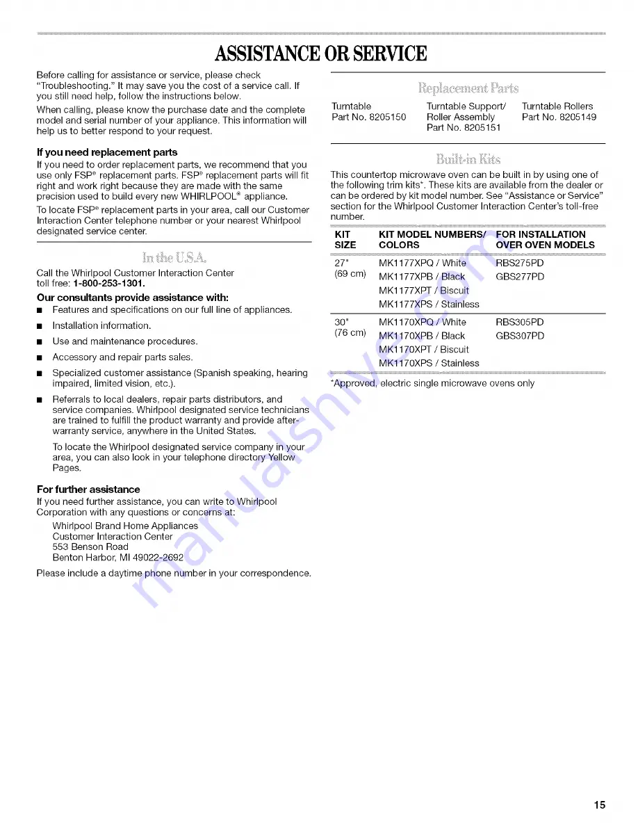 Whirlpool GT4175SP Use & Care Manual Download Page 15