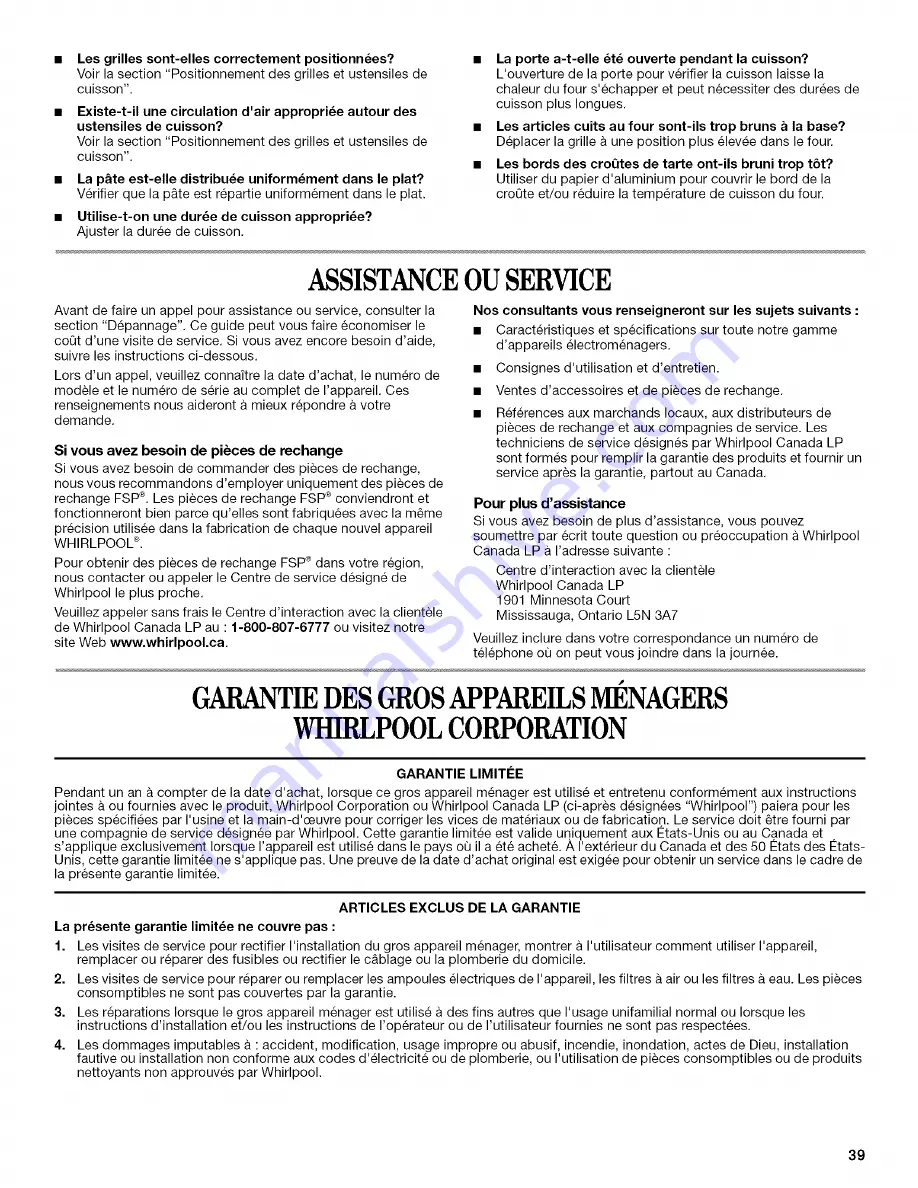 Whirlpool GW397LXUB0 Use & Care Manual Download Page 39