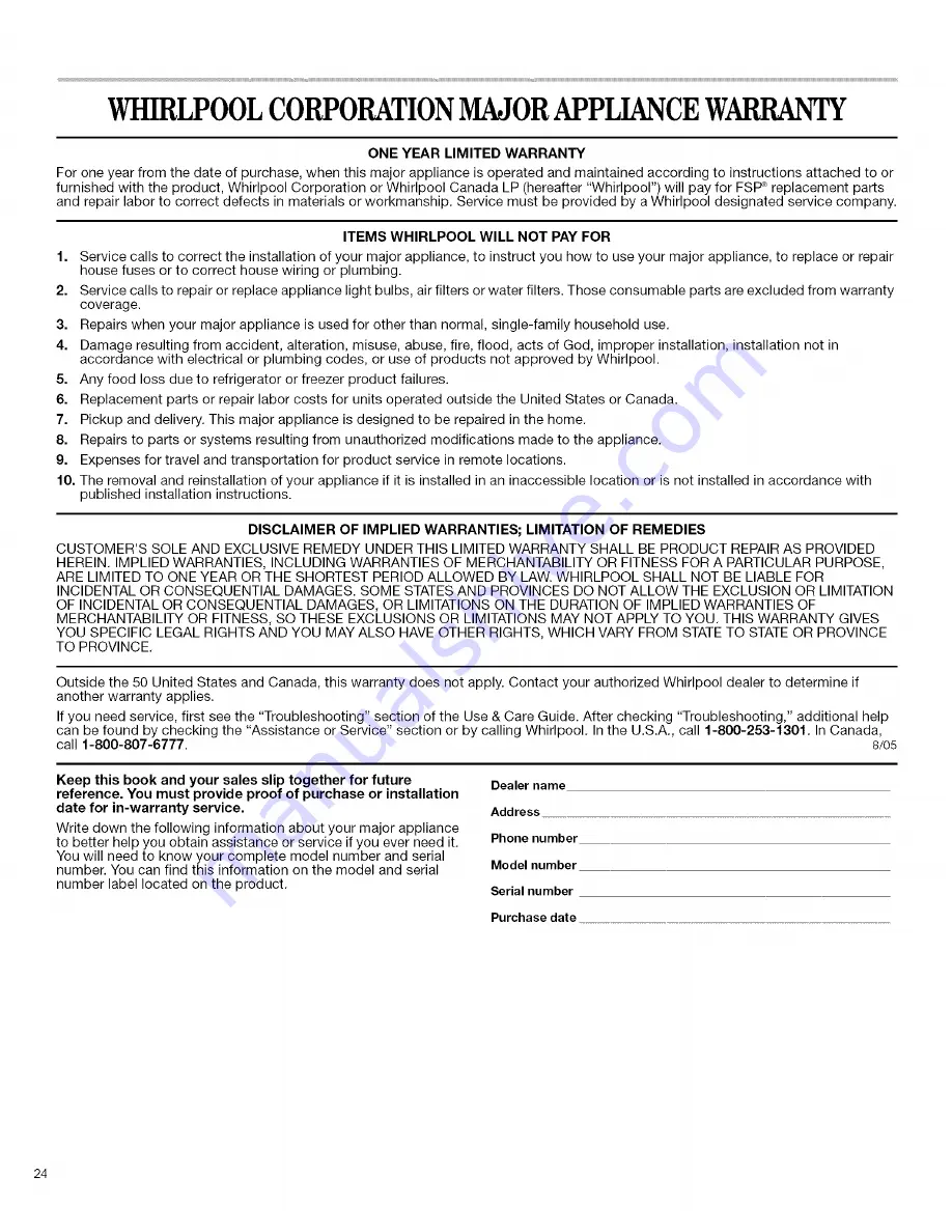 Whirlpool GX5FHDXTB00 Use & Care Manual Download Page 24