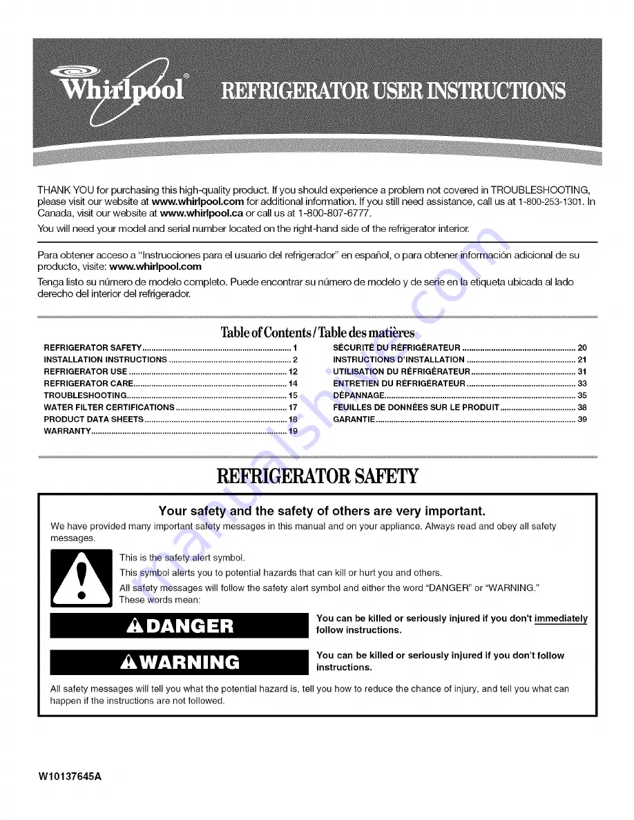 Whirlpool GX5FHDXTQ01 User Instructions Download Page 1