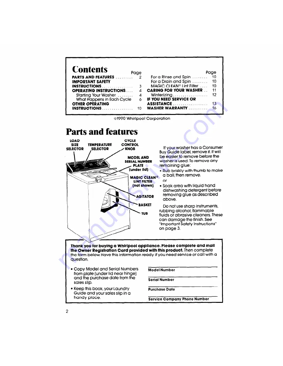 Whirlpool LA5558XS Use & Care Manual Download Page 2