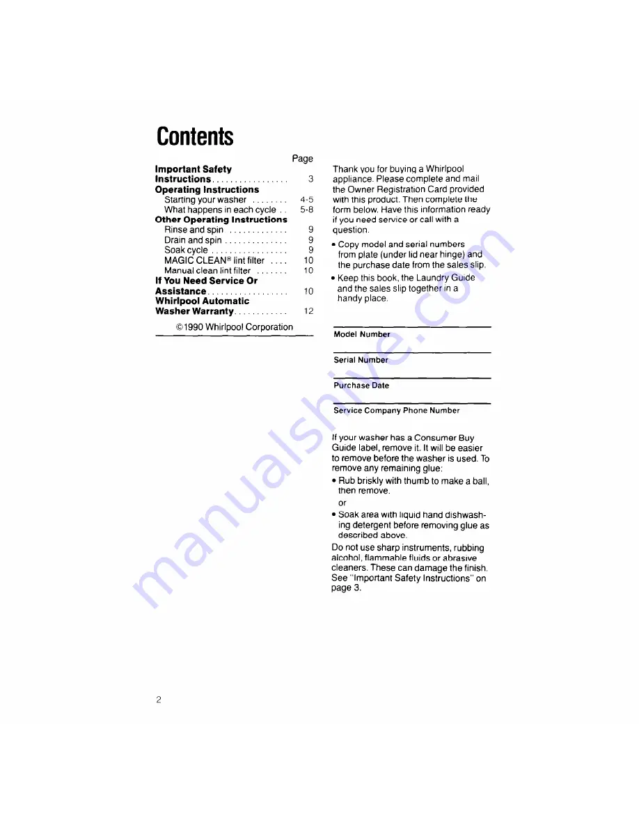 Whirlpool LA8100XW Use & Care Manual Download Page 2