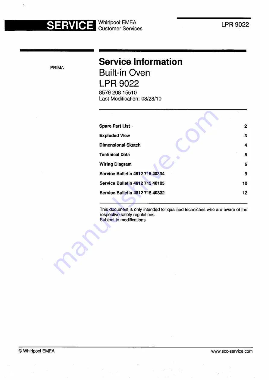 Whirlpool LPR 9022 Service Information Download Page 1